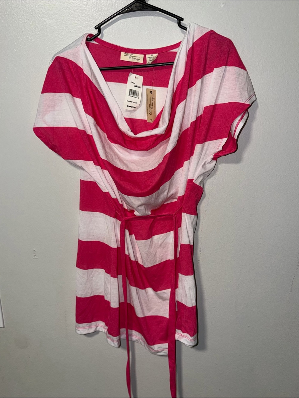 Allison Brittney Pink and White Striped Cowl Neck Tunic with Tie Waist